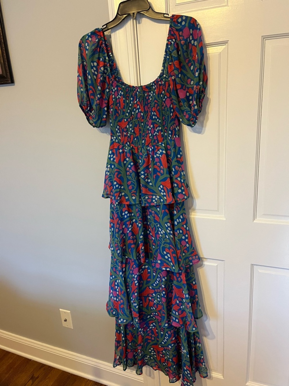 entro Blue Floral Tiered Maxi Dress with Puff Sleeves